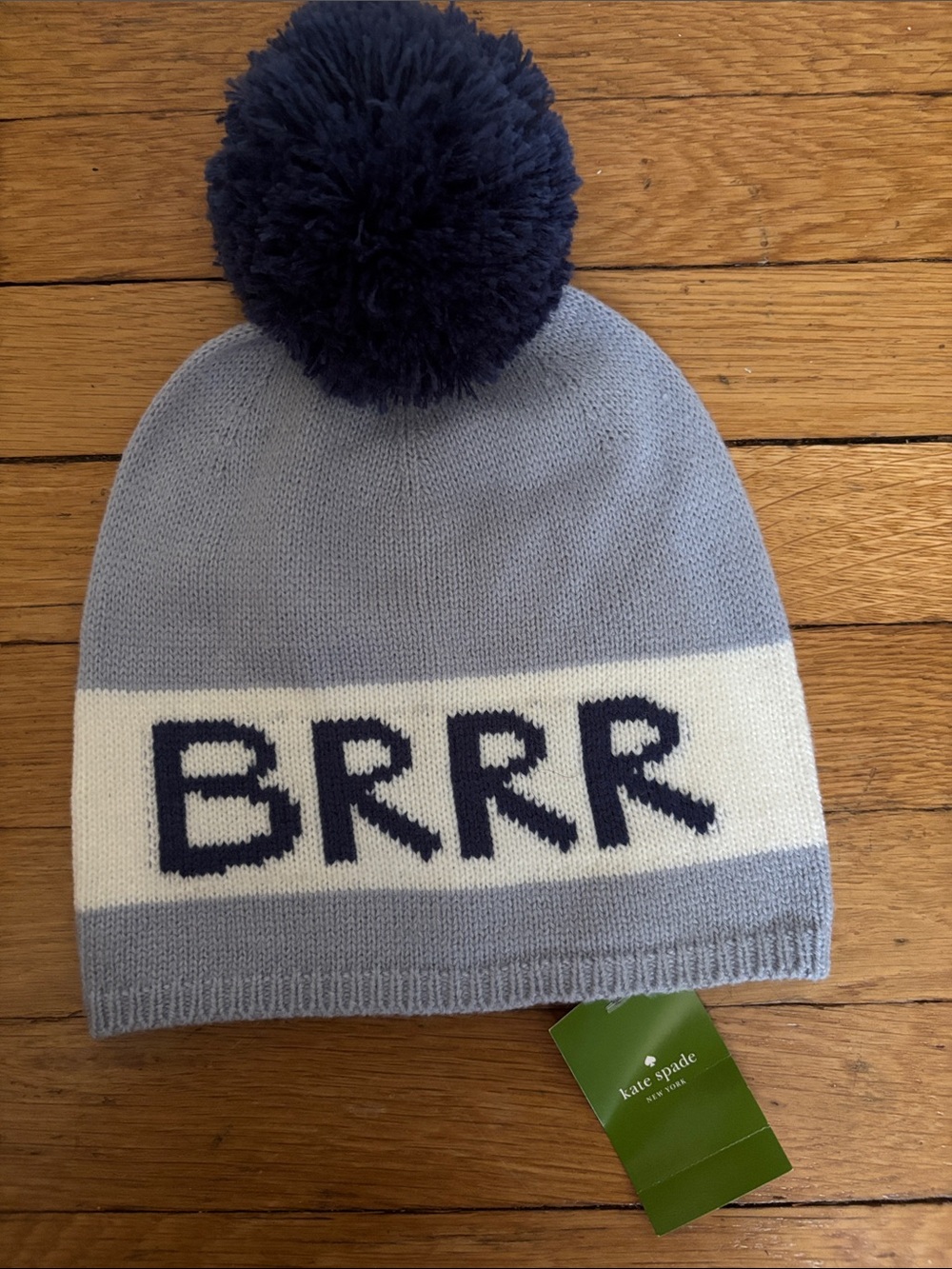 kate spade Light Blue White Navy 'BRRR' Pom Pom Beanie